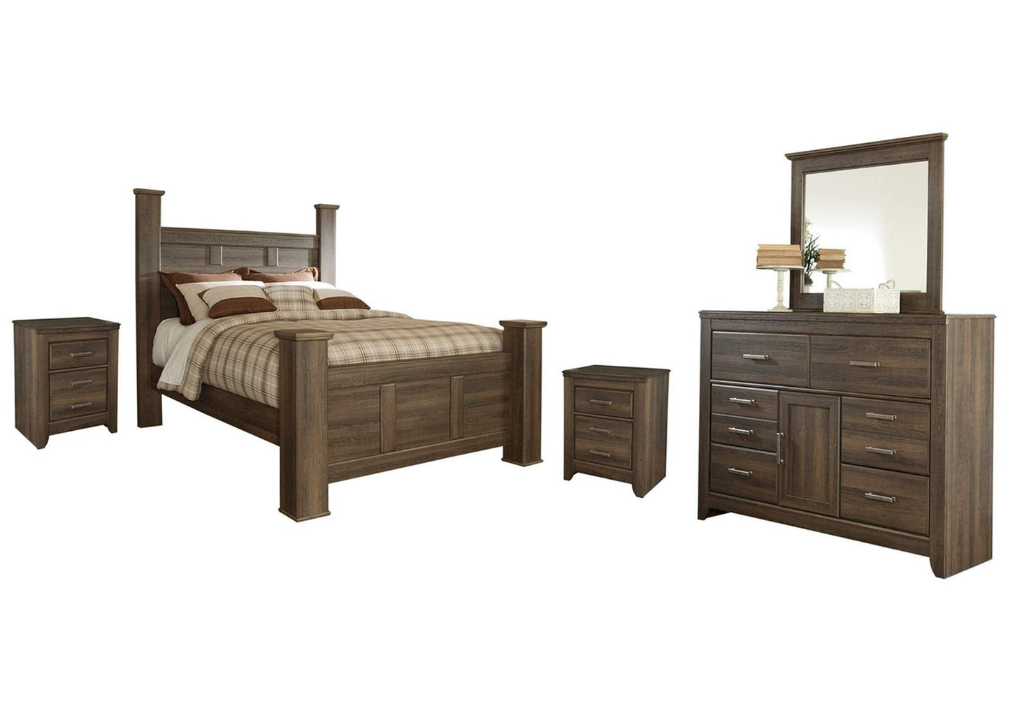 Juararo Queen Poster Bed with Mirrored Dresser and 2 Nightstands